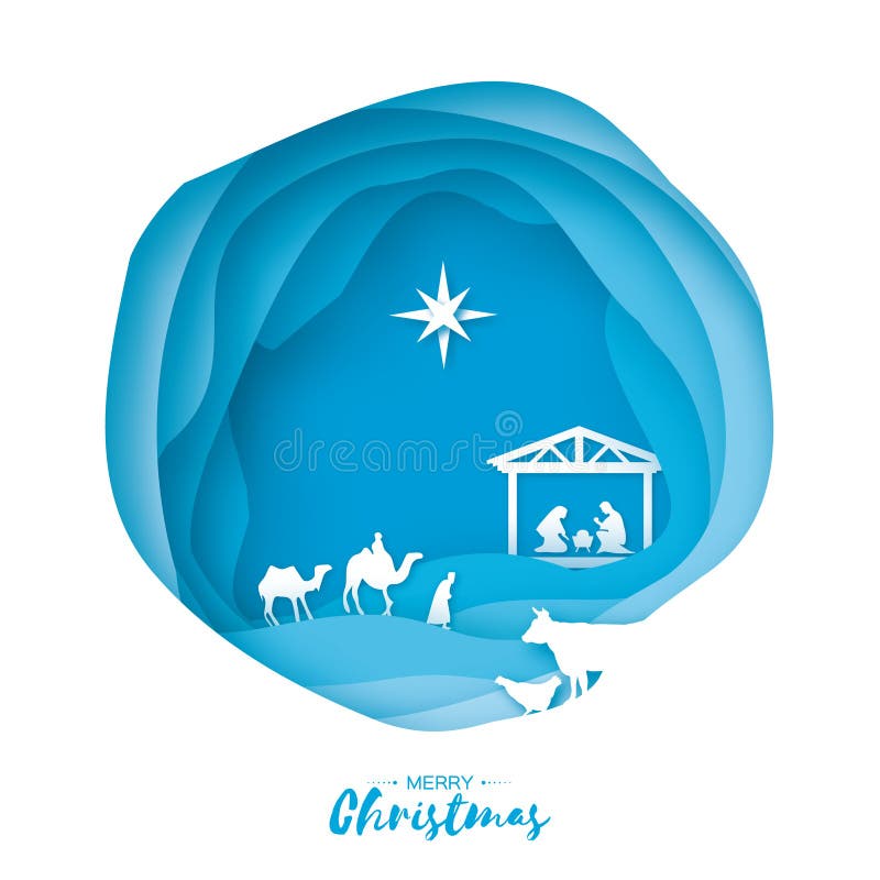 Birth of Christ. Baby Jesus in the manger. Holy Family. Magi. Three wise kings and star of Bethlehem - east comet. Nativity Christmas graphics design in paper cut style. Vector illustration.