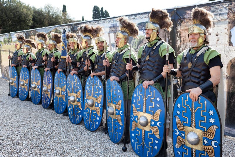 ROME, ITALY - APRIL 19, 2015: Birth of Rome festival - Actors dressed as ancient Roman Praetorian soldiers attend a parade to commemorate the 2,768th anniversary of the founding of Rome. ROME, ITALY - APRIL 19, 2015: Birth of Rome festival - Actors dressed as ancient Roman Praetorian soldiers attend a parade to commemorate the 2,768th anniversary of the founding of Rome.