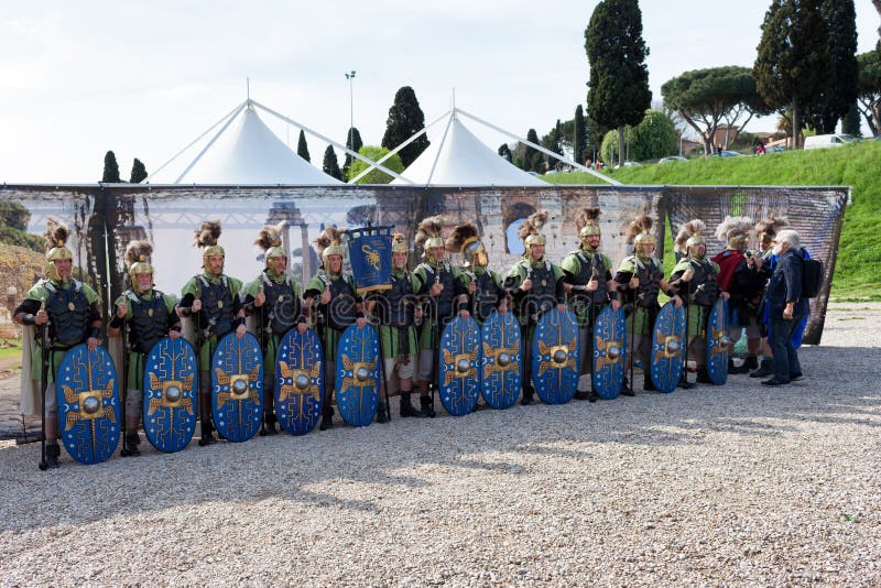 ROME, ITALY - APRIL 19, 2015: Birth of Rome festival - Actors dressed as ancient Roman Praetorian soldiers attend a parade to commemorate the 2,768th anniversary of the founding of Rome. ROME, ITALY - APRIL 19, 2015: Birth of Rome festival - Actors dressed as ancient Roman Praetorian soldiers attend a parade to commemorate the 2,768th anniversary of the founding of Rome.