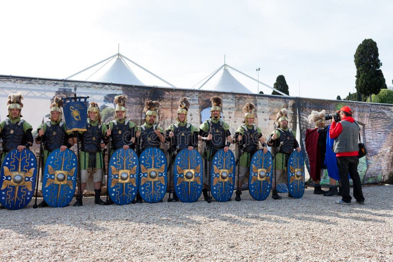 ROME, ITALY - APRIL 19, 2015: Birth of Rome festival - Actors dressed as ancient Roman Praetorian soldiers attend a parade to commemorate the 2,768th anniversary of the founding of Rome. ROME, ITALY - APRIL 19, 2015: Birth of Rome festival - Actors dressed as ancient Roman Praetorian soldiers attend a parade to commemorate the 2,768th anniversary of the founding of Rome.