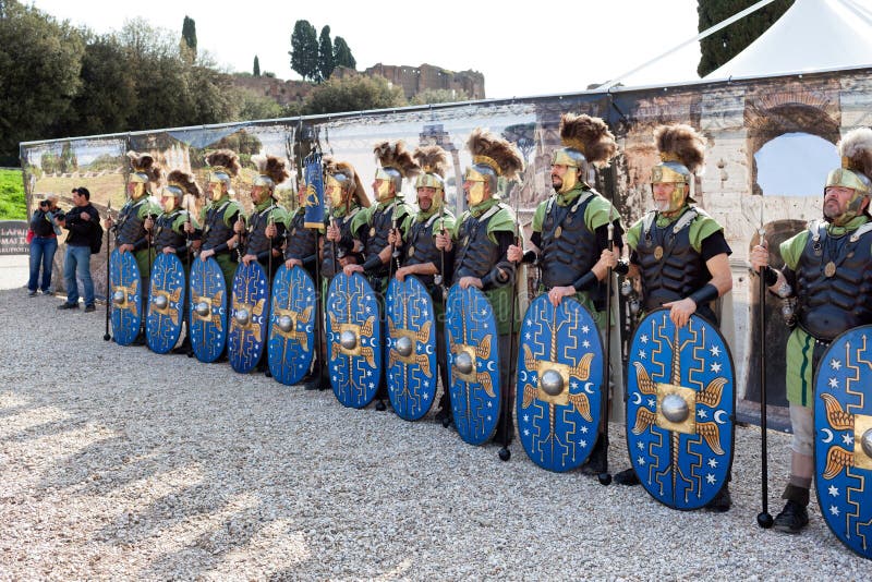 ROME, ITALY - APRIL 19, 2015: Birth of Rome festival - Actors dressed as ancient Roman Praetorian soldiers attend a parade to commemorate the 2,768th anniversary of the founding of Rome. ROME, ITALY - APRIL 19, 2015: Birth of Rome festival - Actors dressed as ancient Roman Praetorian soldiers attend a parade to commemorate the 2,768th anniversary of the founding of Rome.