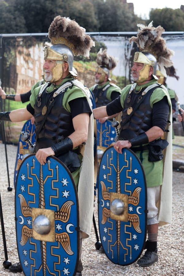 ROME, ITALY - APRIL 19, 2015: Birth of Rome festival - Actors dressed as ancient Roman Praetorian soldiers attend a parade to commemorate the 2,768th anniversary of the founding of Rome. ROME, ITALY - APRIL 19, 2015: Birth of Rome festival - Actors dressed as ancient Roman Praetorian soldiers attend a parade to commemorate the 2,768th anniversary of the founding of Rome.