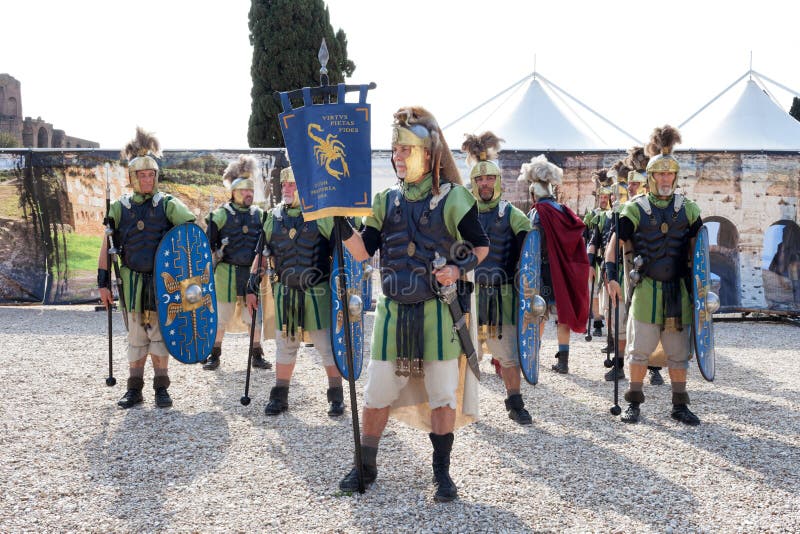 ROME, ITALY - APRIL 19, 2015: Birth of Rome festival - Actors dressed as ancient Roman Praetorian soldiers attend a parade to commemorate the 2,768th anniversary of the founding of Rome. ROME, ITALY - APRIL 19, 2015: Birth of Rome festival - Actors dressed as ancient Roman Praetorian soldiers attend a parade to commemorate the 2,768th anniversary of the founding of Rome.