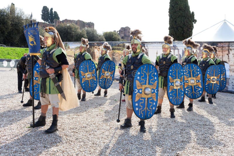 ROME, ITALY - APRIL 19, 2015: Birth of Rome festival - Actors dressed as ancient Roman Praetorian soldiers attend a parade to commemorate the 2,768th anniversary of the founding of Rome. ROME, ITALY - APRIL 19, 2015: Birth of Rome festival - Actors dressed as ancient Roman Praetorian soldiers attend a parade to commemorate the 2,768th anniversary of the founding of Rome.