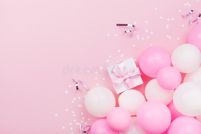 Birthday Background with Gift or Present Box, Balloons and Confetti on Pink  Pastel Table from Above. Flat Lay Style. Stock Image - Image of wedding,  background: 117145903