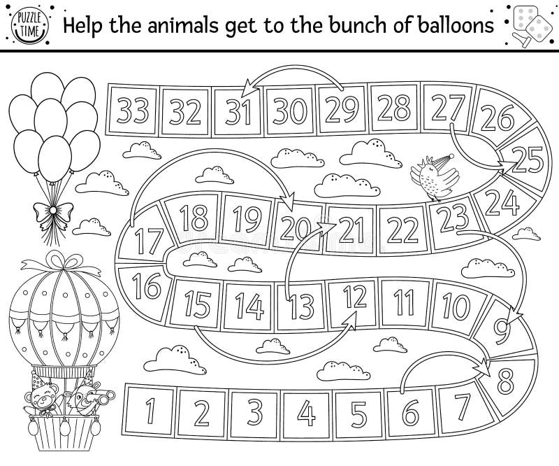 Birthday black and white board game for children with cute animals in hot air balloon. Educational outline holiday boardgame with clouds, rainbows and balloons. Party line activity for kids