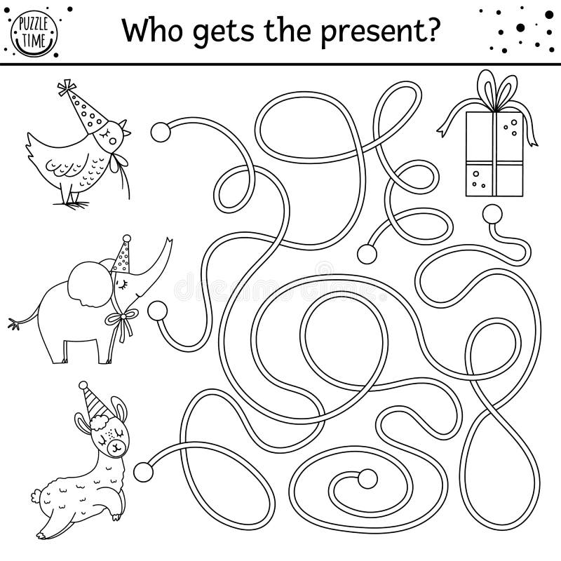 Birthday black and white maze for children. Holiday outline preschool printable educational activity. Funny line b-day party game