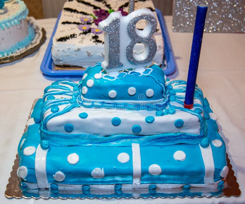 Birthday Blue Cake with Candle Stock Image Image of celebration