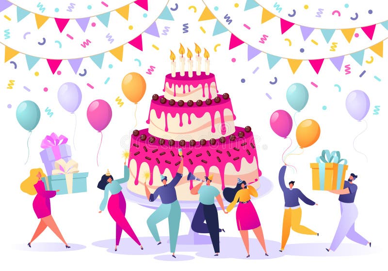 Birthday concept. People carry gifts, blow their whistles, dance and celebrate the holiday around big, bright, tasty cake with can royalty free illustration Birthday concept. People carry gifts, blow their whistles, dance and celebrate the holiday around big, bright, tasty cake with can royalty free illustration