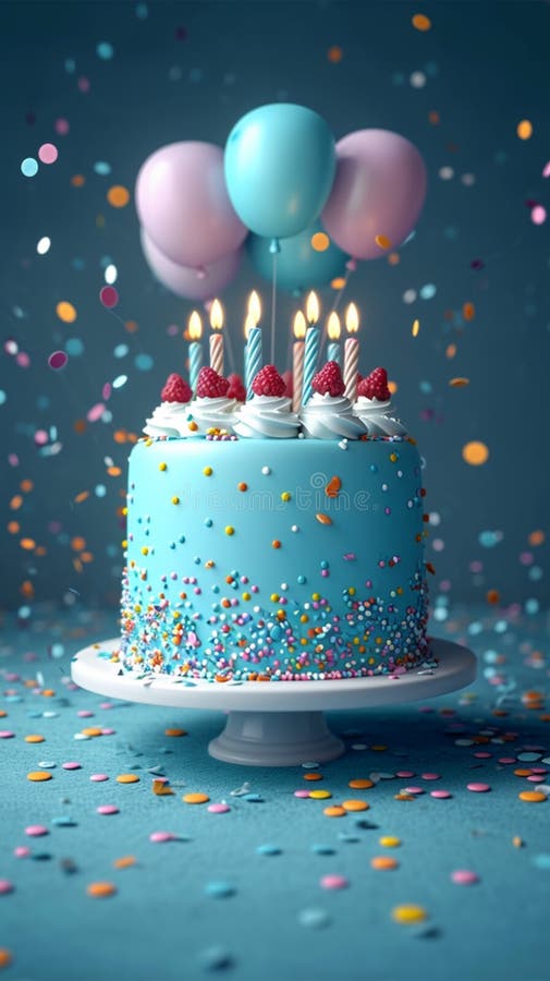 Birthday Cake in Blue, 3D Rendering, Candles, Balloons Backdrop Stock