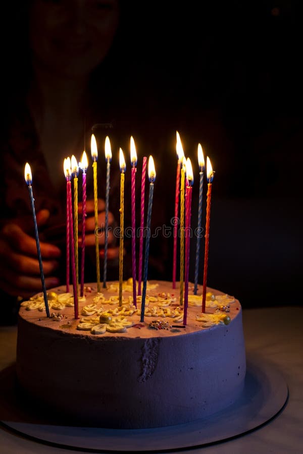 Birthday Cake with Burning Candles for Birthday, Holiday Party Stock