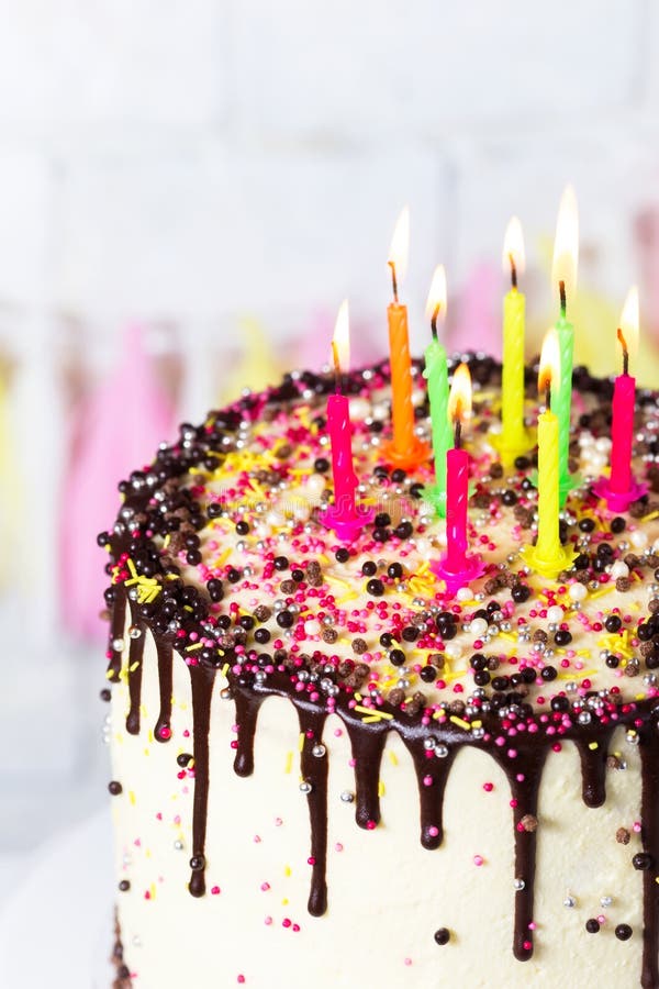 Birthday cake with candles stock image. Image of confetti - 96873973