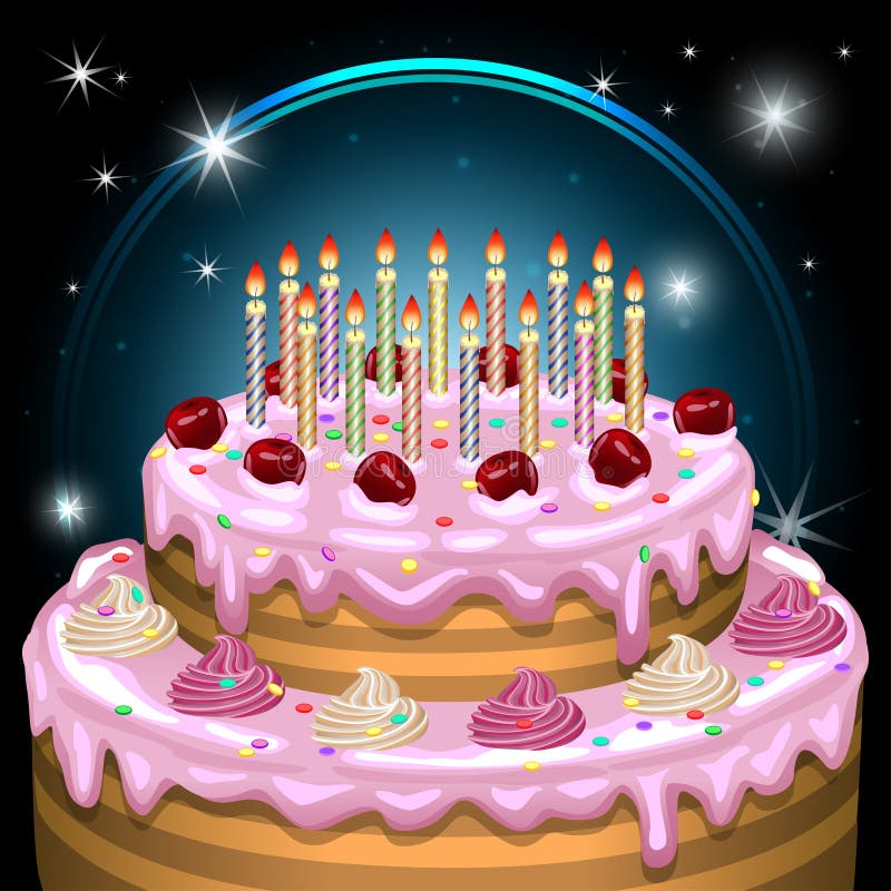 Birthday Cake with Candles and Decoration. Vector Illustration. Stock