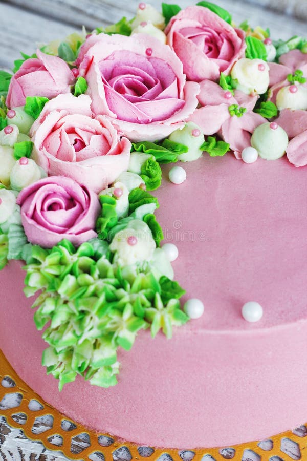 Birthday Cake with Flowers Rose on White Background Stock Photo Image