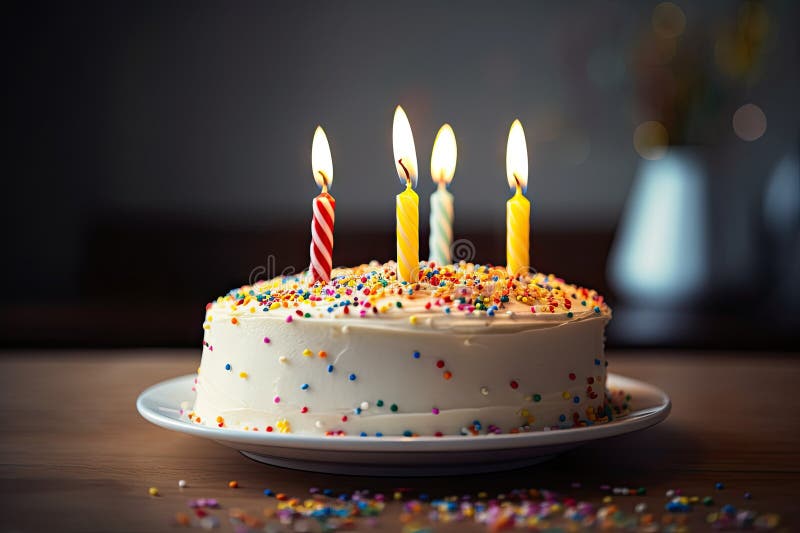 Birthday Cake with Four Candles and Colorful Sprinkles Stock