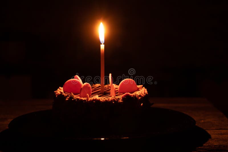 Birthday Cake with One Burning Candle in the Dark Stock Photo Image of event, chocolate 206086476