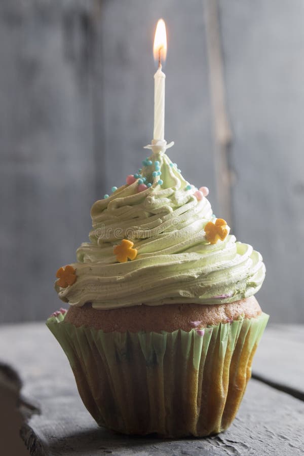 Birthday Cake with One Candle, Vintage Style Stock Photo Image of