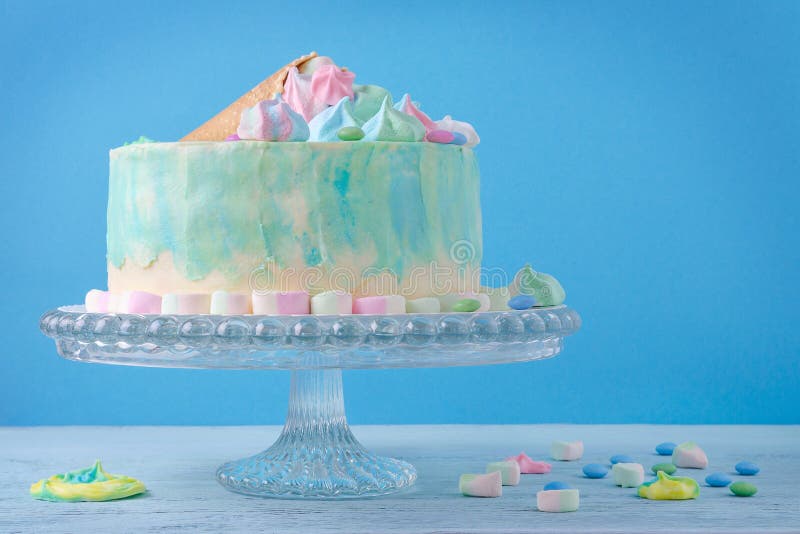 Birthday Cake in Pastel Colors on Blue Background Stock Image Image