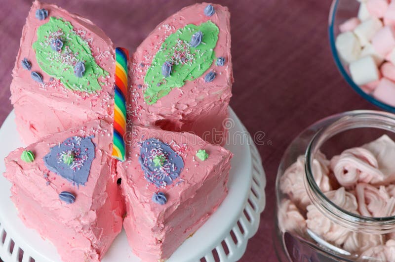 Pink butterfly birthday party cake for girl with fairy dust sprinkles and rainbow candy; marshmallows and meringues in the background. Pink butterfly birthday party cake for girl with fairy dust sprinkles and rainbow candy; marshmallows and meringues in the background