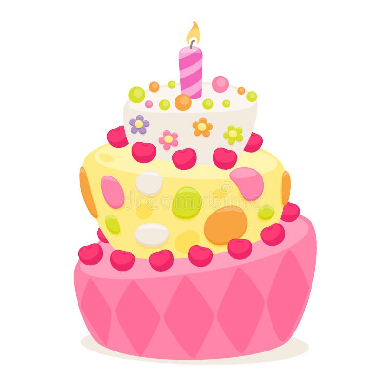 Birthday Cake with Pink Candle and Decorations. Stock Vector