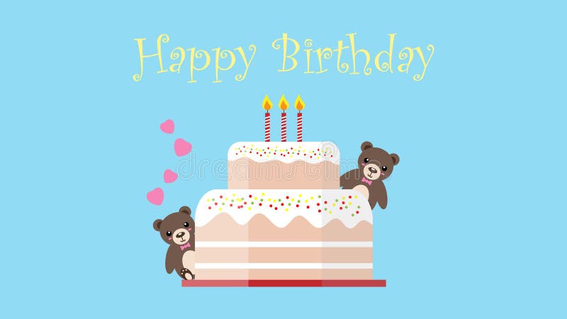 Birthday Cake with Vanilla White Cream Topping and Two Little Bear Sitting  Near Cake and Three Candles and Pink Hearts on Blue Stock Illustration -  Illustration of animal, cake: 171782225