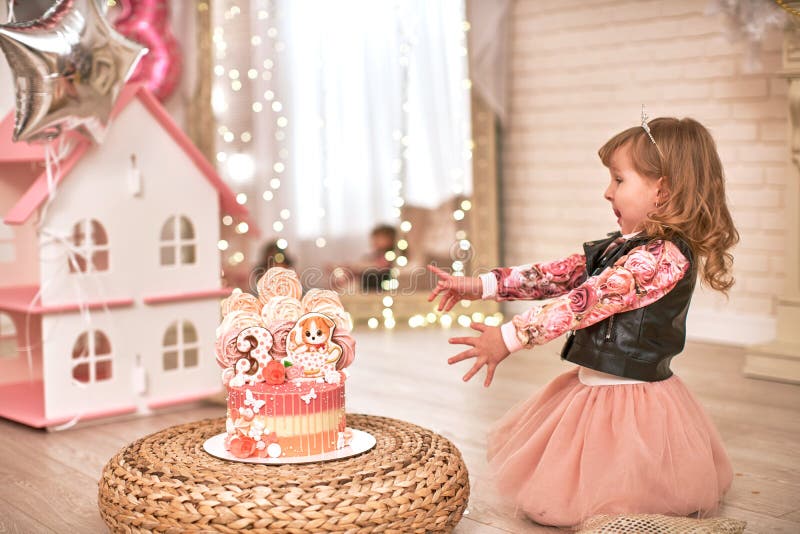 Birthday cake for 3 years decorated with butterflies, gingerbread kitten with icing and the number three. meringue pale pink in