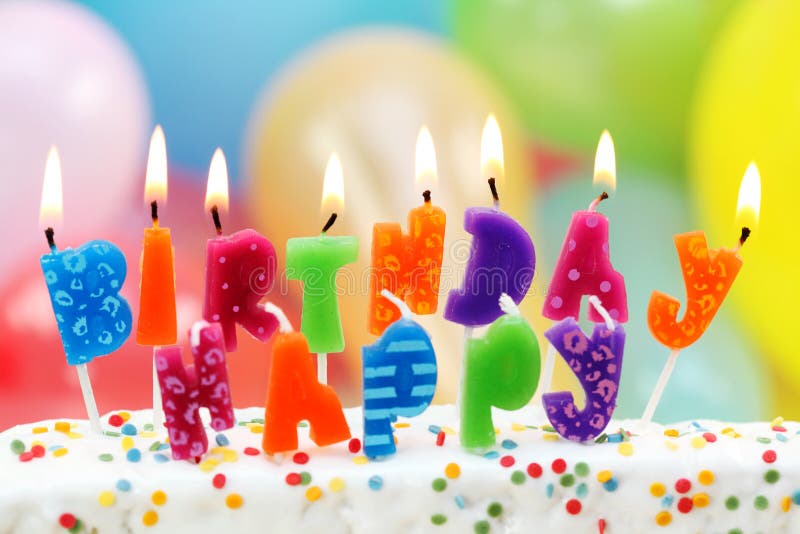 Happy Birthday Candles on Cake with Balloons Stock Photo Image of multi, balloon 39183934