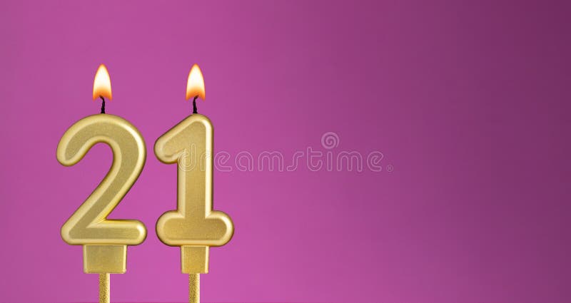 Birthday card with candle number 21 - purple background stock images