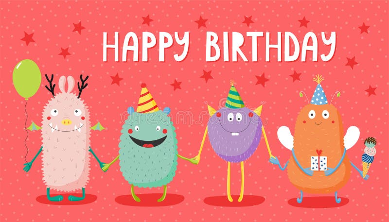 Birthday card with cute funny monsters