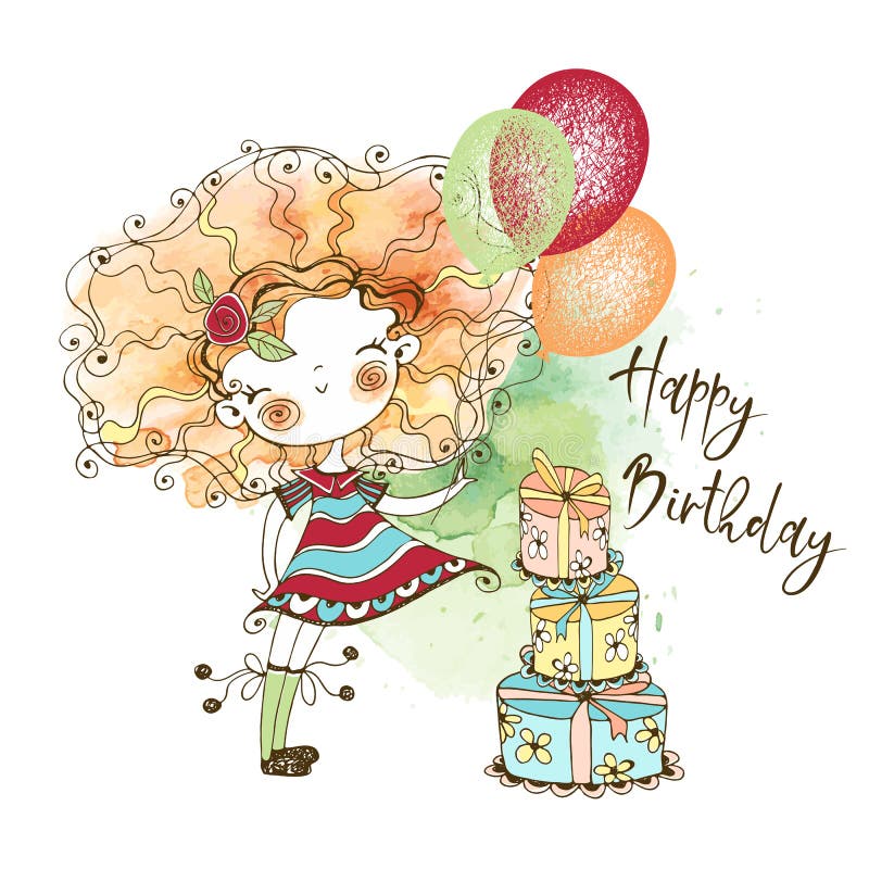 Birthday Card with a Cute Red-haired Girl with Balloons and Gifts, in ...