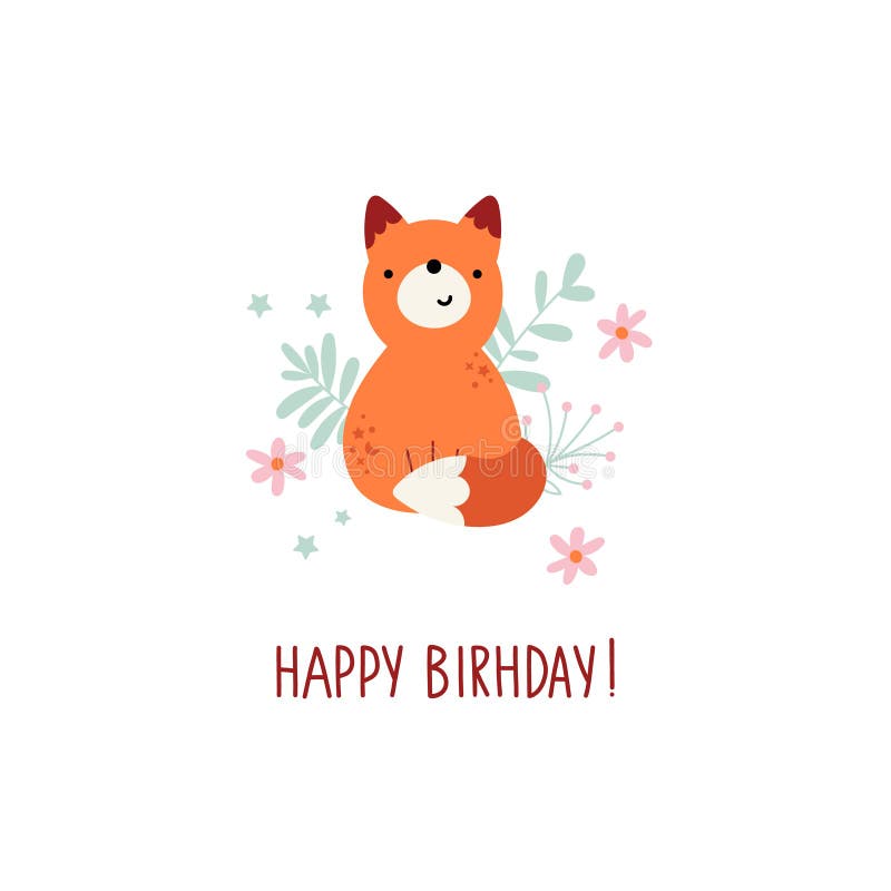 Birthday Card Design with Cute Fox Stock Vector - Illustration of ...