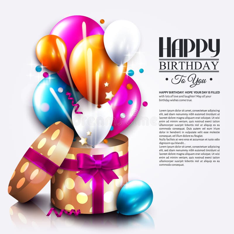 Birthday Card with Open Gift Box, Balloons and Stock Vector ...