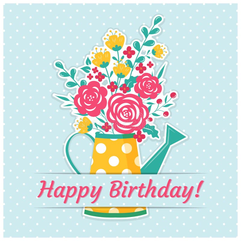 Birthday Card with Watering Can and Flowers Stock Vector - Illustration ...