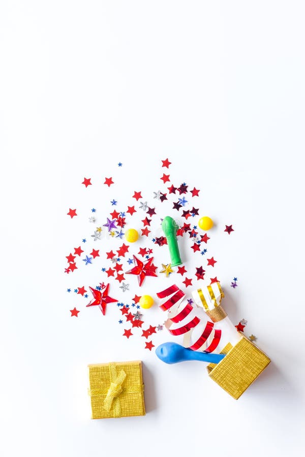 Download Box Filled With Party Objects On White Background Top View Mock-up Stock Image - Image of mockup ...