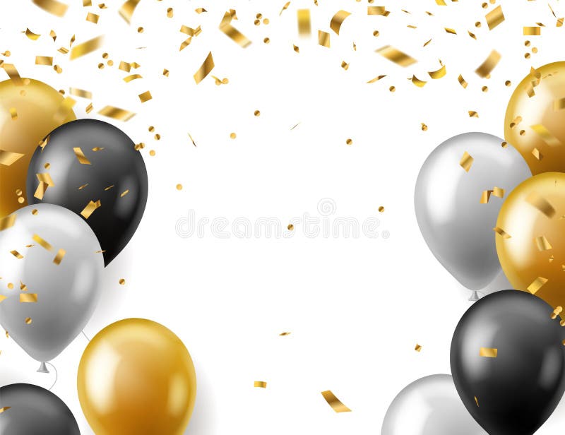 Birthday celebration party banner. Realistic gold, white and black festive balloons and golden confetti poster, invitation or greeting card with copy space, vector carnival event isolated background