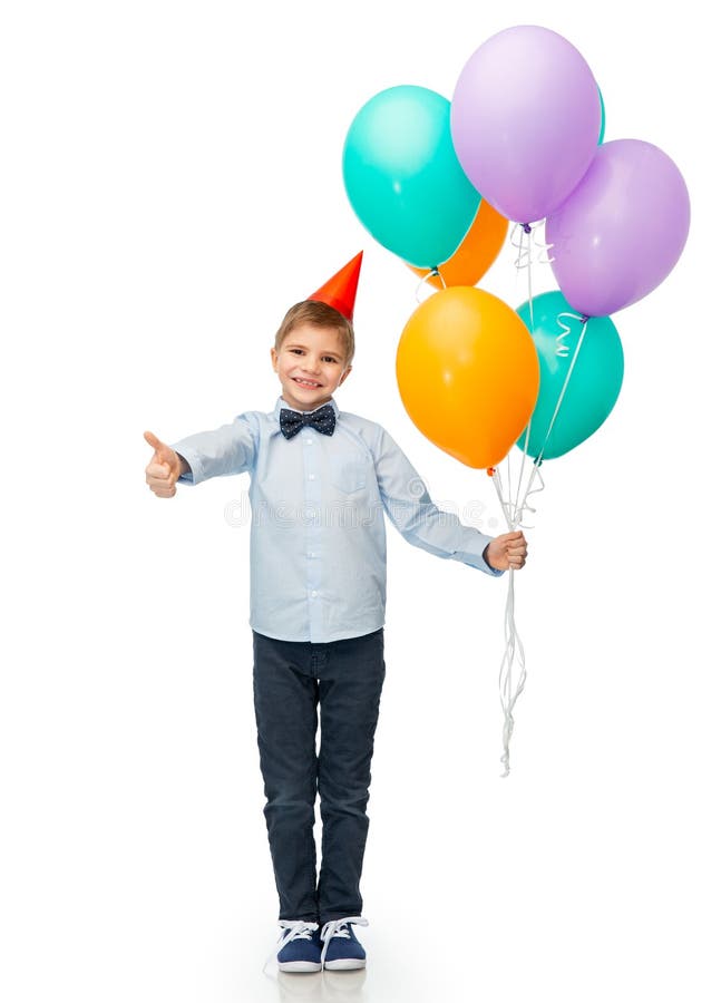 Happy Boy in Birthday Party Hat with Balloons Stock Image - Image of ...