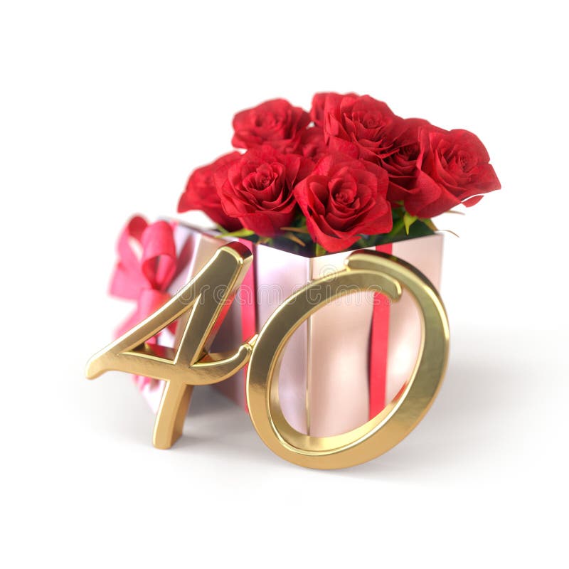 Birthday concept with red roses in gift isolated on white background. fortieth. 40th. 3D render