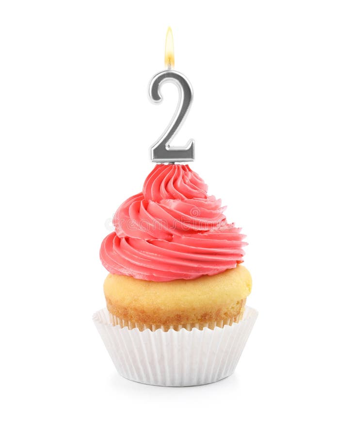Birthday Cupcake with Number Two Candle on White Stock Photo - Image of ...
