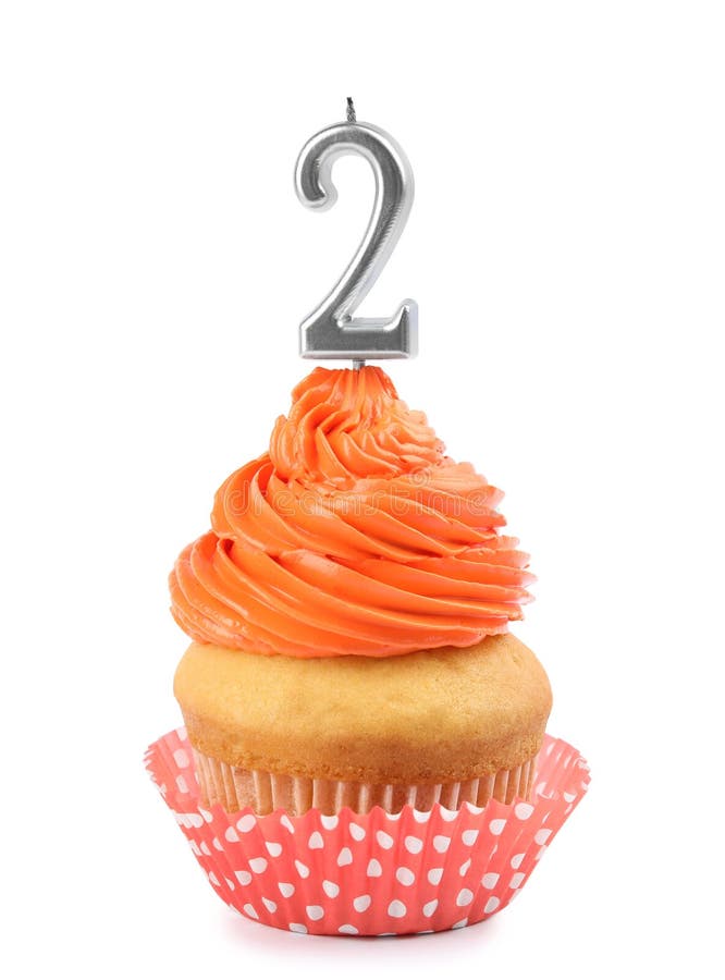 Birthday Cupcake with Number Two Candle on White Stock Image - Image of ...