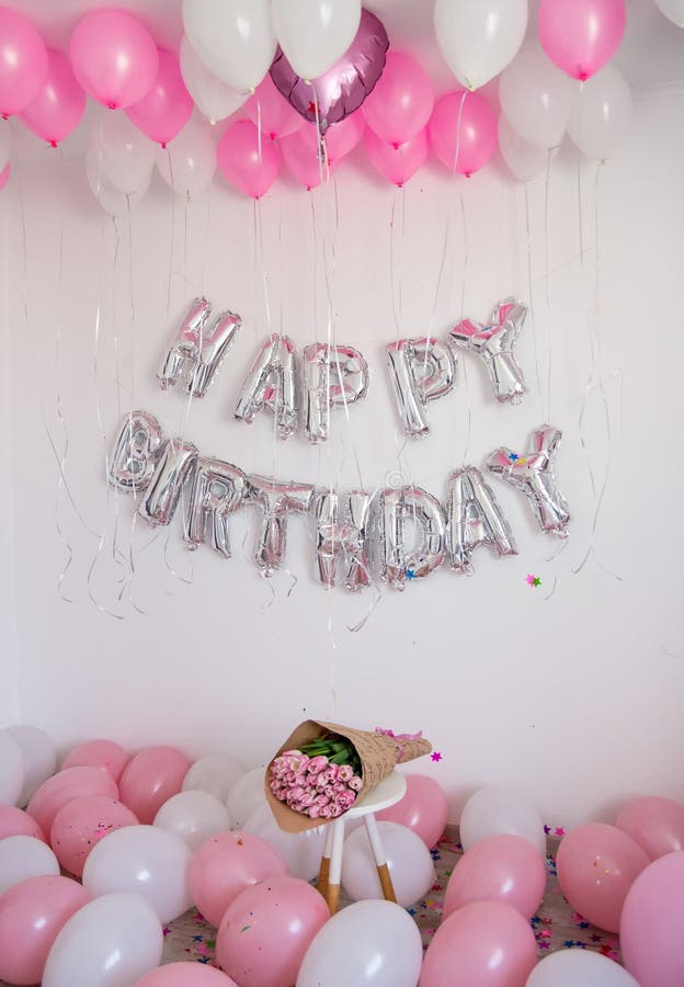 Birthday Decorations with Balloons, Bouquet of Tulips and Confetti for  Party on a White Background. Stock Image - Image of celebration, happy:  203399659