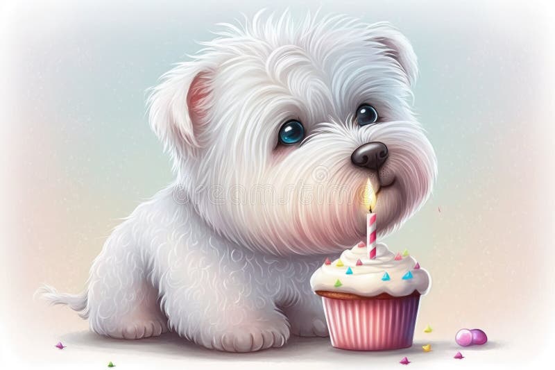 Birthday Dog, a Cute White Dog, Enjoys a Cupcake and a Candle Stock