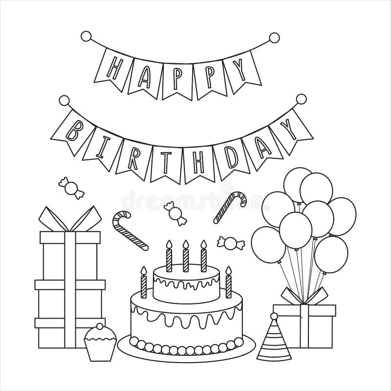 Birthday Doodle Line Drawing or Coloring Book. Stock Vector ...