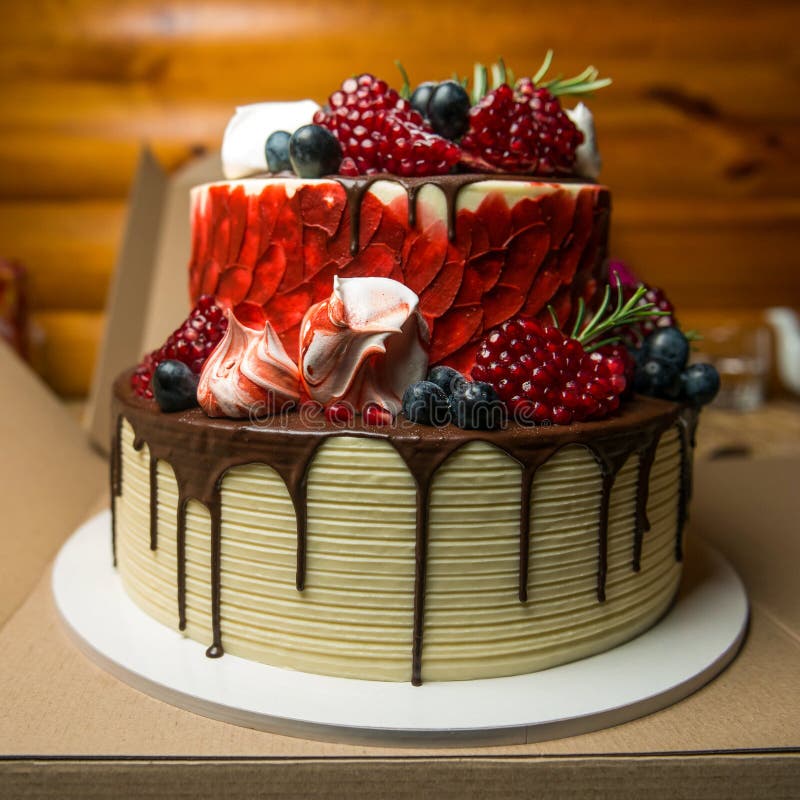 Birthday Forest Fruit Cheesecake with Melting Chocolate. Stock Image ...