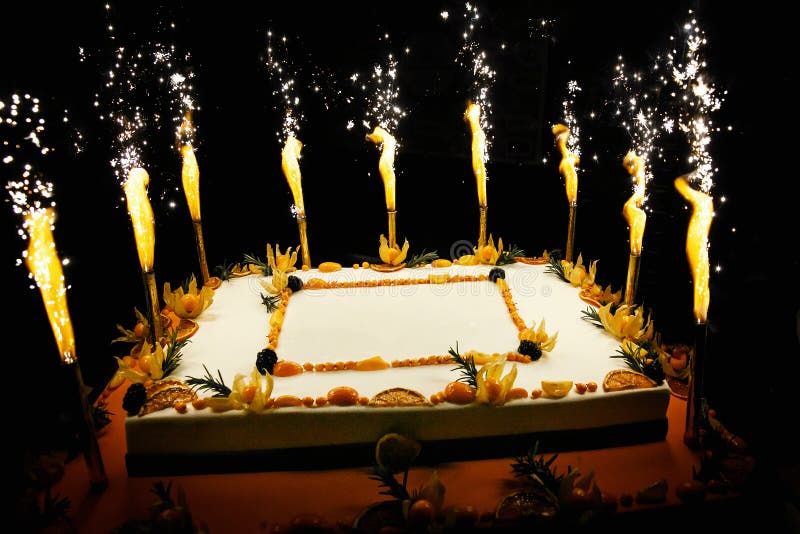 Birthday Fruit Cake with Fireworks Candles Stock Image Image of