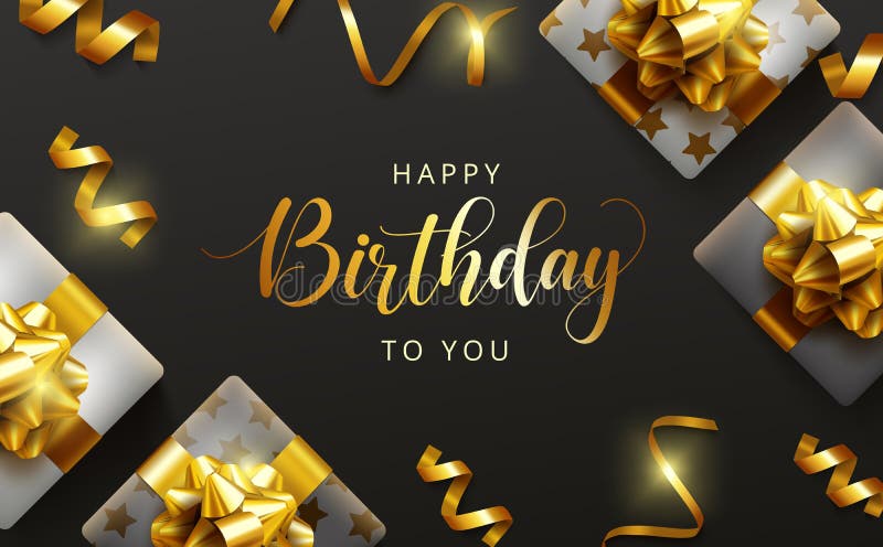 Birthday gifts vector background design. Happy birthday to you greeting text with elegant gift boxes and gold ribbon birth day.