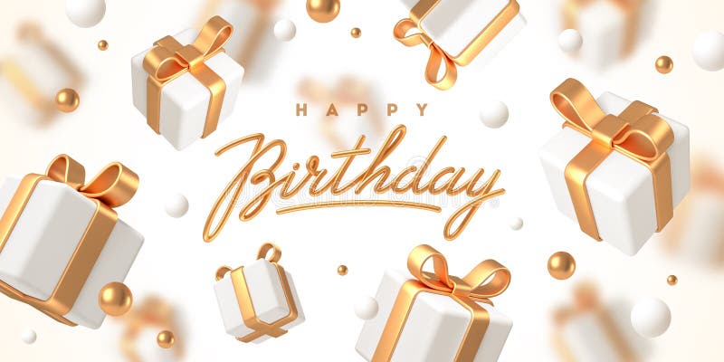 Birthday greeting design. Background with 3d white gift boxes with golden ribbon and bow. Birthday celebration concept. Vector.