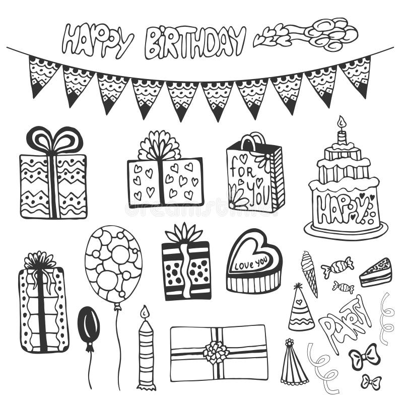 Birthday hand drawn elements. Doodle set with birthday cakes, gift box, balloons and other party elements. stock illustration Birthday hand drawn elements. Doodle set with birthday cakes, gift box, balloons and other party elements. stock illustration