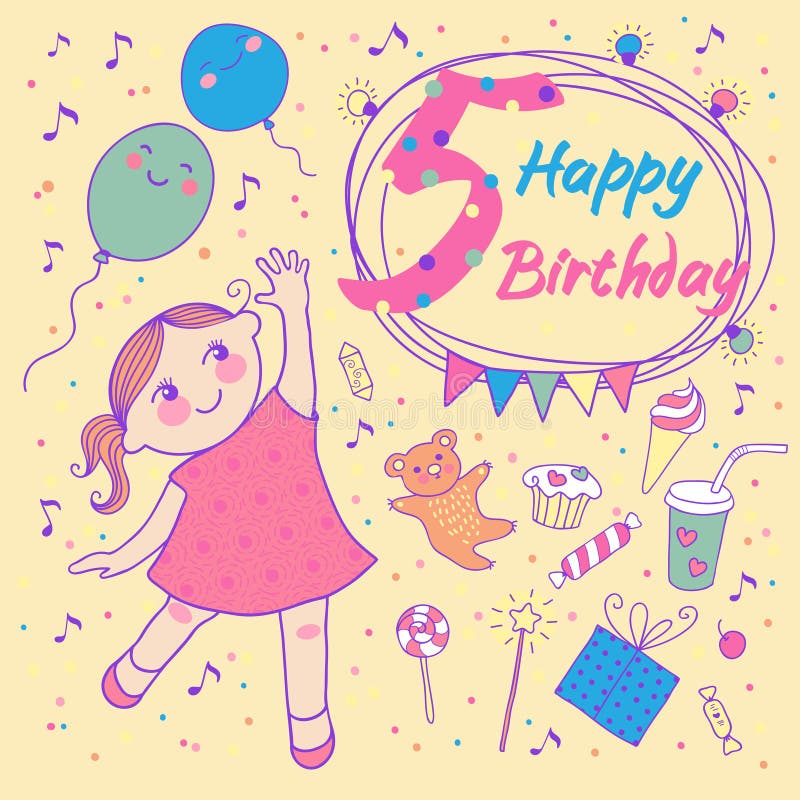 Birthday of the little girl 5 years. Greeting card