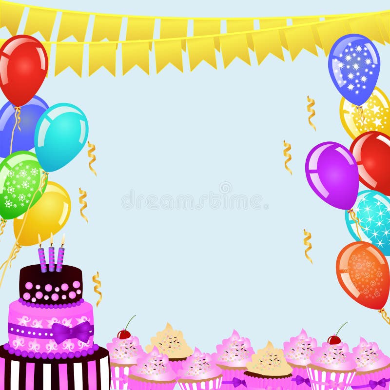 Birthday Party Background with Bunting Flags, Balloons, Birthday Cake ...