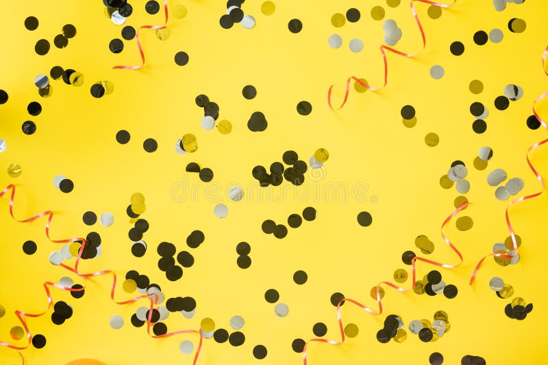 Birthday Party Background. Yellow Table with Confetti and Ribbon Stock ...